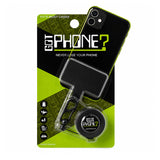 A black and lime green phone lanyard and carabiner set in its original retail blister packaging, branded GOT PHONE? with a demonstration of it attached to a phone case.