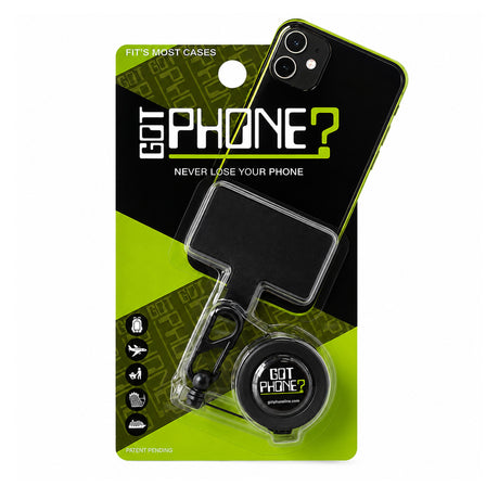 A black and lime green phone lanyard and carabiner set in its original retail blister packaging, branded GOT PHONE? with a demonstration of it attached to a phone case.